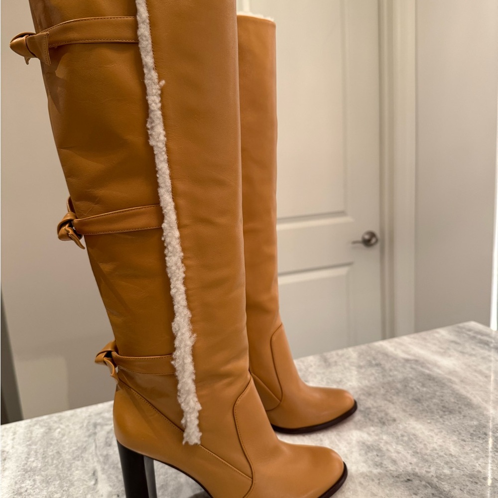 Tan Knee-High Leather Boots with Shearling Trim